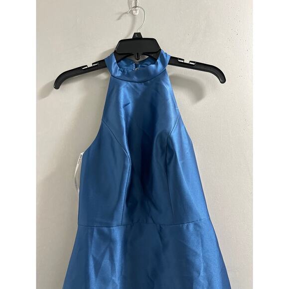 🔴
D772 by Alfred Sung HIGH-NECK SATIN DRESS WITH POCKETS Blue - Picture 3 of 8